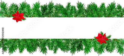 Horizontal frame with watercolor fir trees and fir branches flowers poinsettia. Christmas background. Illustration with frame with copy space is hand drawn