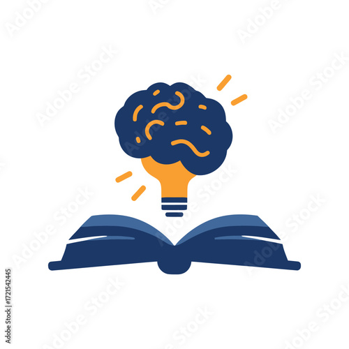An illustration of a brain lightbulb shining above an open book on a white background design concept