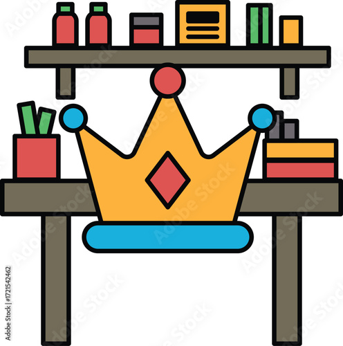 A black and white drawing of a desk with a crown on it