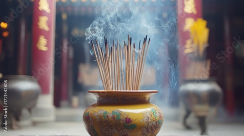 Incense burning in ornate vase at temple