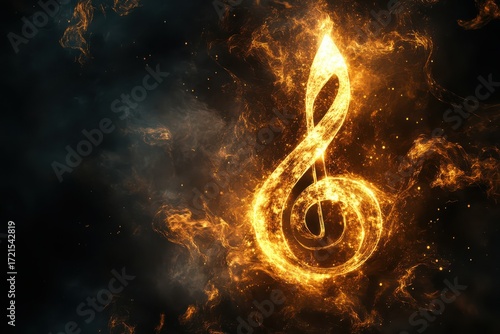 Energetic Fiery Treble Clef on Dark Abstract Background
