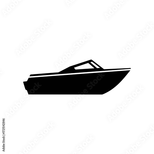 Modern motorboat silhouette icon from a side view. A simple isolated black vector graphic of a speedboat for concepts of water transport, luxury, and recreation
