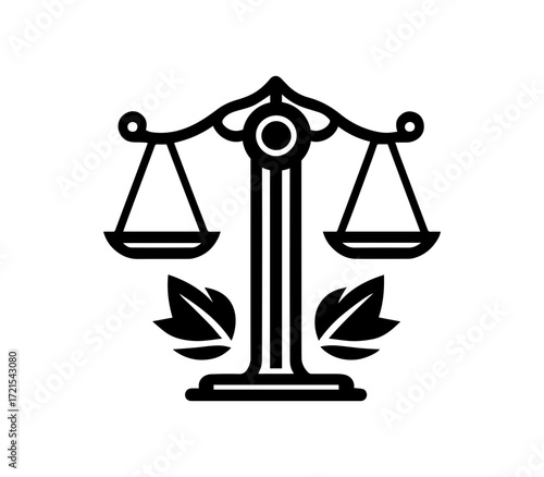 Stylized black and white scales of justice symbol with leaves representing balance and fairness in legal or environmental contexts