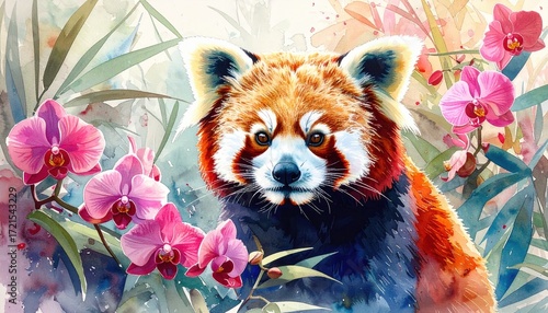Watercolor painting of a red panda surrounded by blooming orchids symbolizing harmony of wildlife and flora with conservation awareness and exotic nature beauty