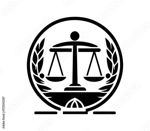 Stylized black and white icon featuring a balanced scale of justice, laurel leaves, and a circular emblem symbolizing legal principles and fairness.