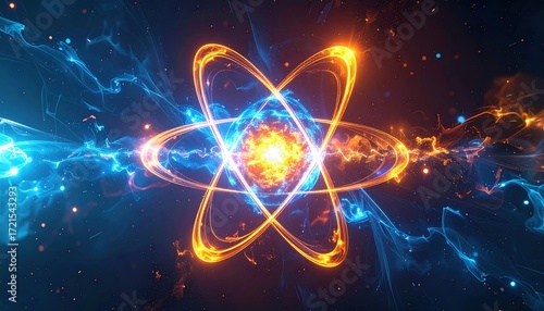 Glowing atomic structure with fiery core and energy orbits, symbolizing science, nuclear power, energy debates, innovation, and the unstoppable force of discovery