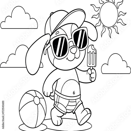 Detailed outline coloring page of a sunny tropical beach, featuring a majestic palm tree, elaborate sandcastle, ocean, sun, and beach accessories, ideal for summer fun