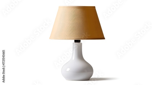 A simple, contemporary white table lamp with a soft beige fabric shade, providing a warm, subtle glow to the room.