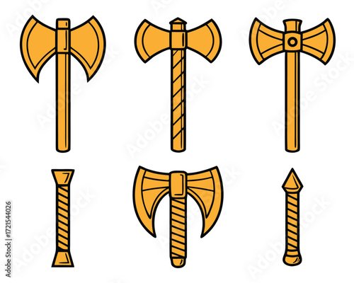 Collection of Golden Battle Axes, Cartoon Style Warrior Weapons with Intricate Designs