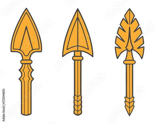 Collection of Three Golden Arrowhead Spear Designs with Intricate Details and Patterns
