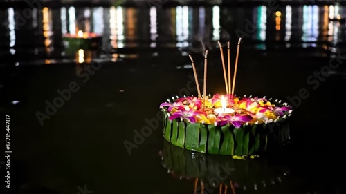Single krathong with burning incense sticks drifting peacefully on a river with a spiritual and serene mood during Loy Krathong night with copy space