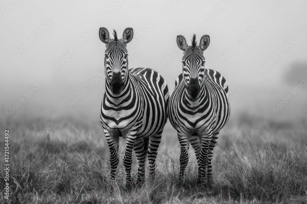 Fototapeta premium Two zebras stand in a field shrouded in a hazy monochrome mist, their distinctive stripes sharply defined against the muted background.
