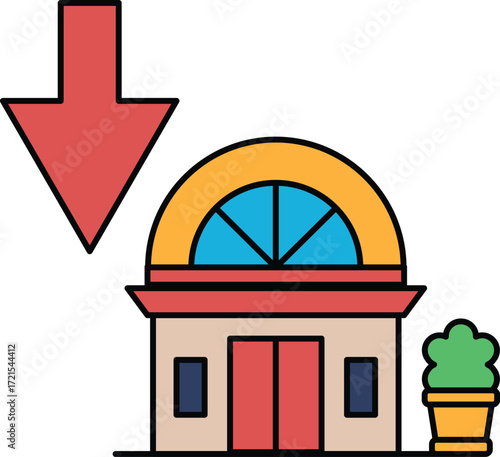 A building with a downward arrow on it