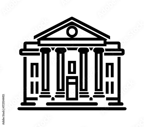 Classic building with columns and triangular pediment representing government or historic institution facade, designed in a minimalist black and white outline style.