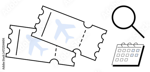 Two airplane tickets, a magnifying glass, and a calendar represent travel planning, booking, and scheduling. Ideal for travel, holidays, organization, tourism logistics events simple flat metaphor