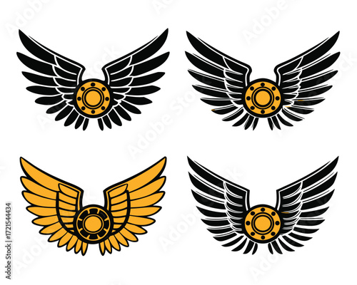 Set of Four Winged Shield Emblems in Black and Gold Vector Illustrations