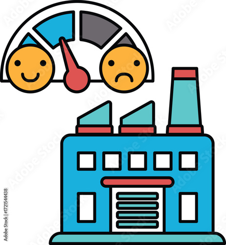 A car is driving past a factory with a speedometer showing a low speed