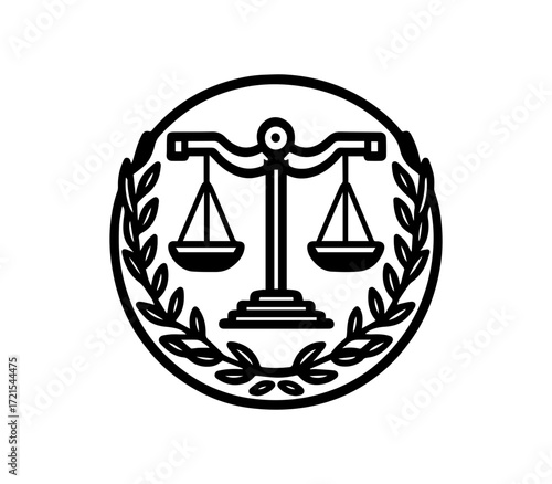 Justice scales emblem with laurel wreath symbolizing law fairness and legal judgment depicted in a clean circular design