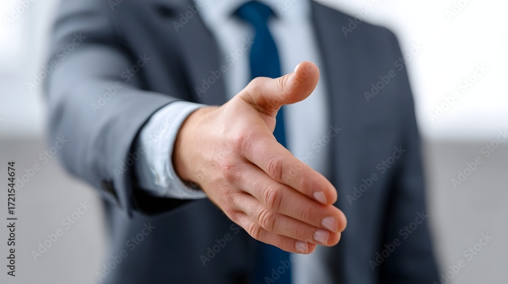 Fototapeta premium Two professional men in suits shaking hands in a formal business agreement or partnership, symbolizing a successful collabo n, negotiation, or transaction.
