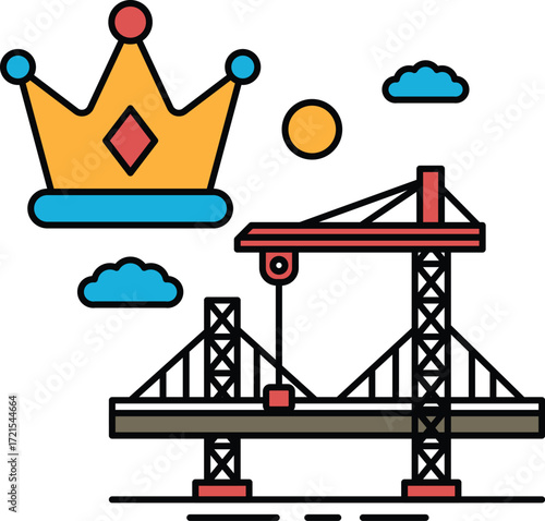 A black and white drawing of a bridge with a crown on top of it