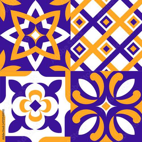 Geometric Pattern with Repeating Floral and Diamond Shapes in Vibrant Colors.