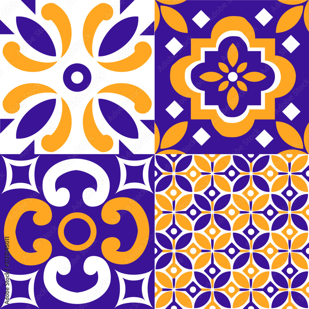 Fototapeta premium Vibrant Geometric Patterns in Blue and Orange Ceramic Tile Designs.