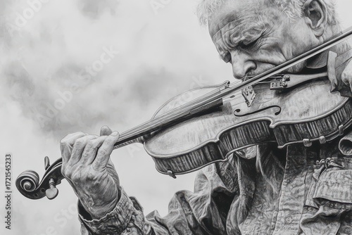 Elderly man playing violin, focused monochrome sketch