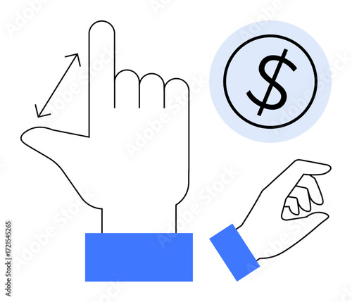 Hand gestures pointing and pinching near currency, signifying monetary value, payments, or financial technology. Ideal for digital economy, UIUX, fintech, microtransactions, e-commerce contactless
