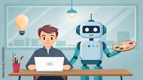 Creative collaboration between a human artist and a friendly robot assistant working together on a digital art project