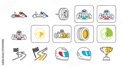 Racing simulator and game UI icon set. A collection of vector symbols with offset color accents for a motorsport dashboard, including kart, track, and helmet elements.
