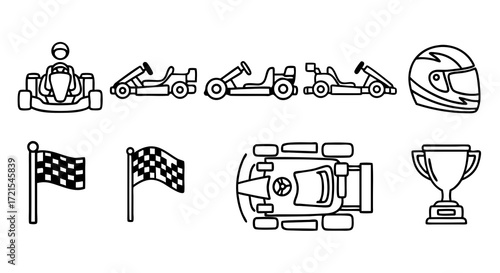 Go-kart animation sprite sheet and icon set. A collection of bold outline vector graphics for 2D game development, including sequential poses for a driving animation.