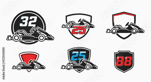Go-kart racing sports and esports logo set. A collection of modern vector emblems with shields and numbers for a professional team mascot, league, or gaming channel.