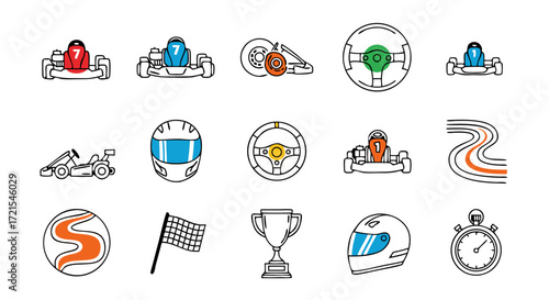 Motorsport equipment and go-kart parts line icon set. A collection of colorful outline vector symbols for a racing gear store, parts catalog, or garage website.