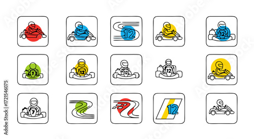 Go-kart track and rental app button set. A collection of modern line art vector icons with color spots for a race booking system, track layout, and driver selection.