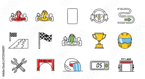 A set of 15 go-kart racing icons in a modern outline style with color accents. This vector collection is perfect for a fun arcade-style mobile game, app, or kart track website.