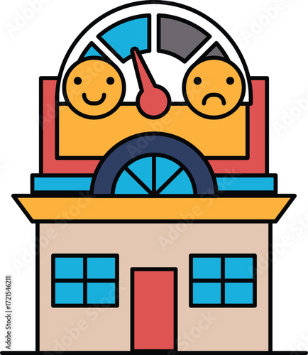 A building with a smiling face and a frowning face on it