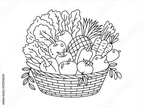 Detailed Line Art of Fruit and Vegetable Basket