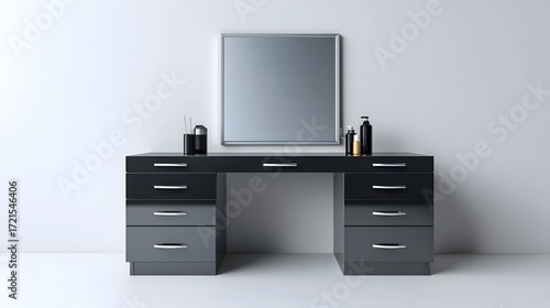 A sleek, contemporary black and gray dresser with a framed mirror, providing ample storage and a stylish focal point in a minimalist bedroom interior.