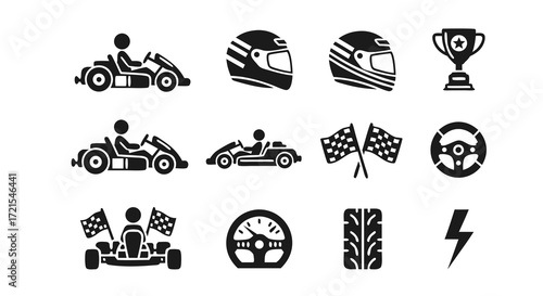 Motorsport racing icon set with hatched shading style. A collection of graphic vector symbols for victory, including medal, laurel wreath, and trophy for championship events.