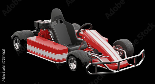 Red racing go-kart with white stripes, isolated on a black background. High-contrast 3D render for product visualization, marketing, or motorsport promotion materials.