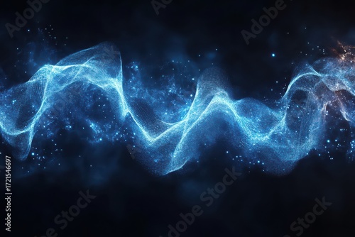 Abstract glowing blue particle wave with sparkling lights on dark background