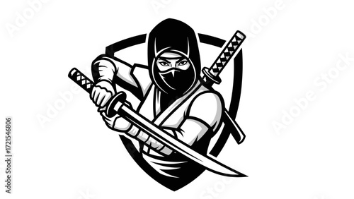 Female Ninja Mascot Illustration Esport Logo Emblem, Warrior with Swords on Shield