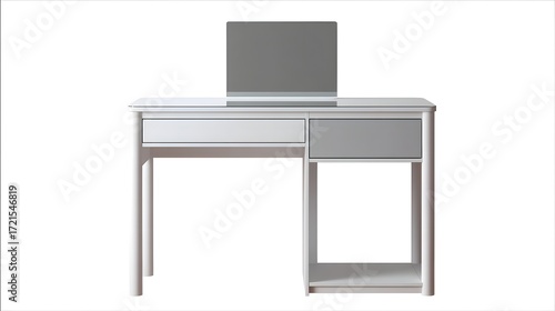 A modern, minimalist desk with a computer display and drawers, creating a clean and organized workspace.