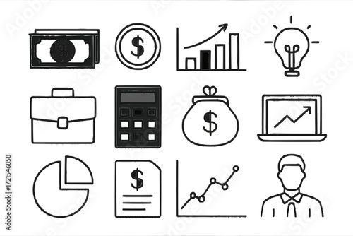 Financial growth icons showing business success, money, graph, and investment, perfect for illustrating wealth management, finance, or economic development topics
