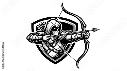 Stealthy Ranger Archer Assasins Mascot Illustration Esport Logo Emblem, a vector graphic of a marksman with a bow and arrow for a gaming clan shield