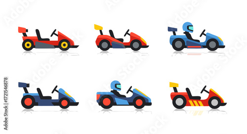 Pixel art go-kart racing game asset set. 2D side view racer sprites for retro video games. Collection of race cars with drivers for motorsport arcade-style competition.