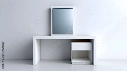 A sleek, minimalist furniture setup featuring a white desk, cabinet, and mirrored wall display in a simple, clean interior design.