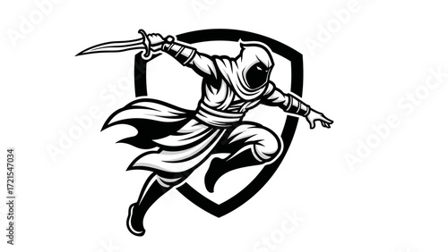 Dynamic Hooded Warrior Character Mascot Illustration Esport Logo Emblem. Powerful design for competitive gaming teams, streaming, or impactful sports branding