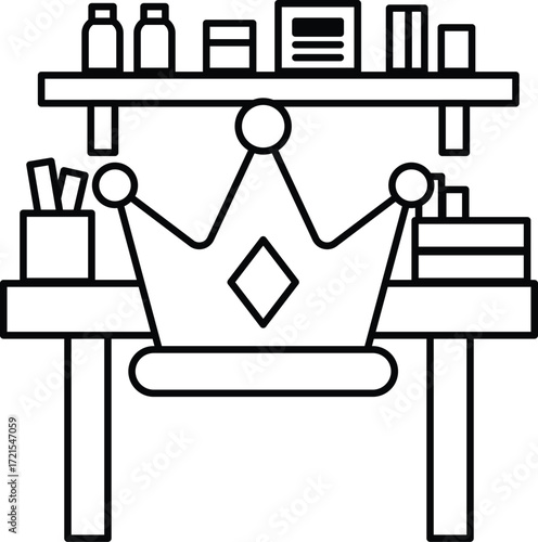 A black and white drawing of a desk with a crown on it