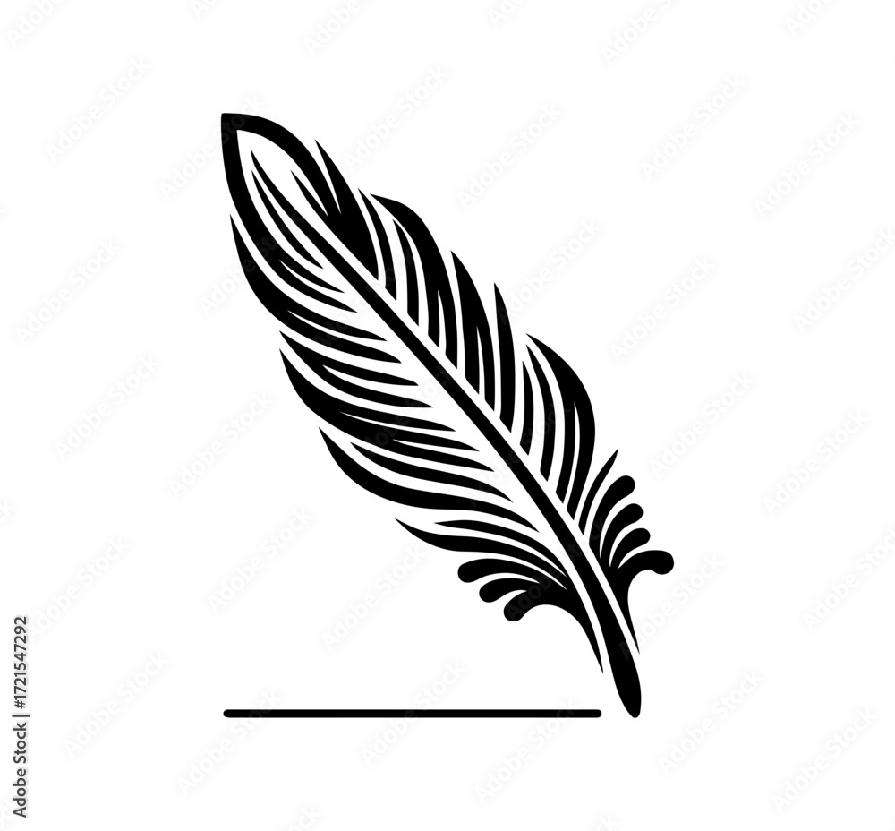 Fototapeta premium Elegant black quill feather poised above a subtle horizontal line, suggesting writing, creativity, or artistic expression